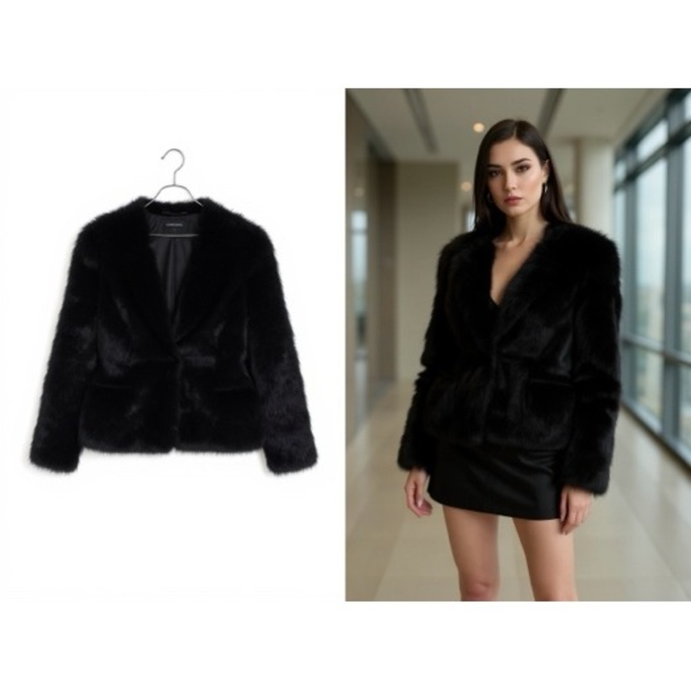Black Rabbit Fur Jacket Women's Size M Luxury Faux Fur Coat, festive,‎ formal